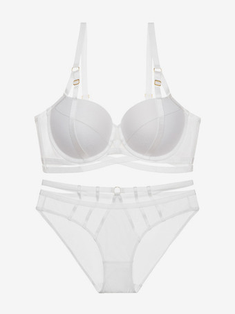ホワイト ワイヤー入りシックランジェリー パステルブルー プッシュアップブラ パンティセット 2点