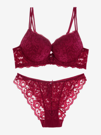 ワインレッド レースランジェリー シックなバーガンディ 2ピース ブラ パンティ セット