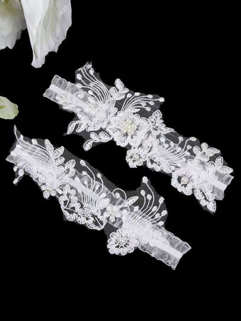 ホワイト 花嫁パーティー用ウェディングガーター ブルーフローラルレース太ももガーター ブライダルアクセサリー