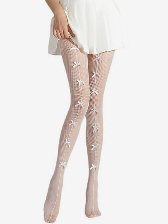 ホワイト 靴下 レディース パンスト 黒 リボン パンスト