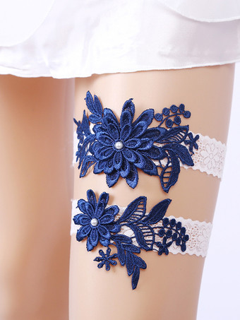 ダークネイビーブライダルランジェリーアクセサリー パーティー ホワイト レース ガーター 女性用