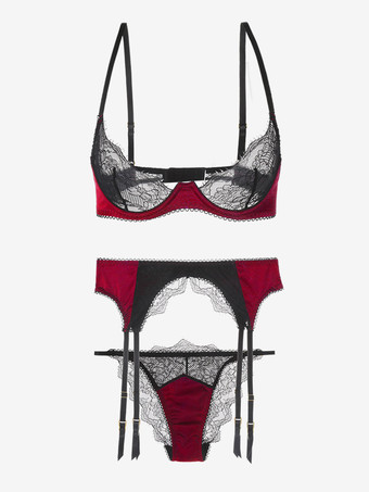 ランジェリー ツートン シック バーガンディ ブラ パンティ ガーター セット