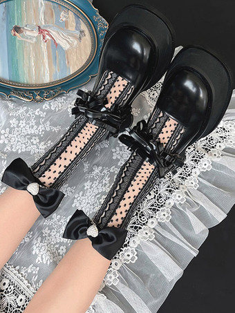ブラック ゴシックロリータタイツ ホワイトリボンチェーンアクセサリー ポリエステル水玉ロリータアクセサリー