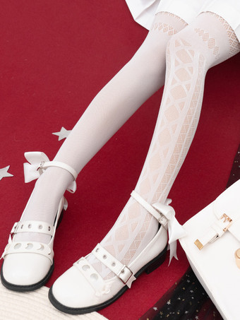 ホワイト ゴシックロリータタイツ ホワイトアクセサリー ポリエステル チェック柄 ロリータアクセサリー