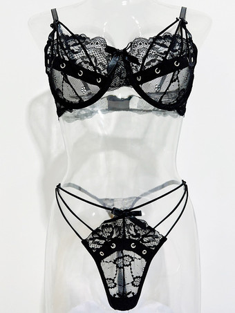 ひもランジェリー 2ピース レース ブラック 大人用 ブラ パンティ セット