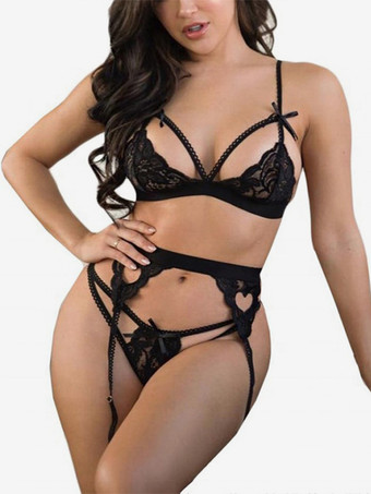レースランジェリー シックなホワイト 3ピース カップル用ブラ パンティ ガーターセット