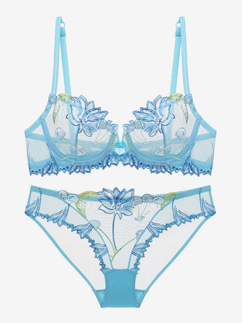 ライトスカイブルーシースルーフラワーシックランジェリー 2ピースレースブラックブラパンティセット