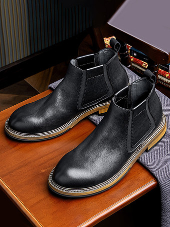 ブラック メンズブーツ チェルシーブーツ ブラック 牛革 ラウンドトゥ ショートアンクルブーツ