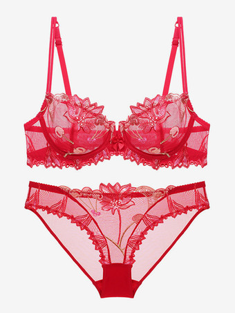 レッド シースルーフラワーシックランジェリー 2ピースレースブラックブラパンティセット