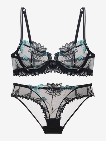 シースルーフラワーシックランジェリー 2ピースレースブラックブラパンティセット