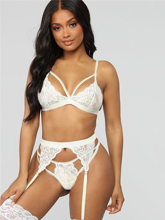 ホワイト レースランジェリー シックなホワイト 3ピース カップル用ブラ パンティ ガーターセット