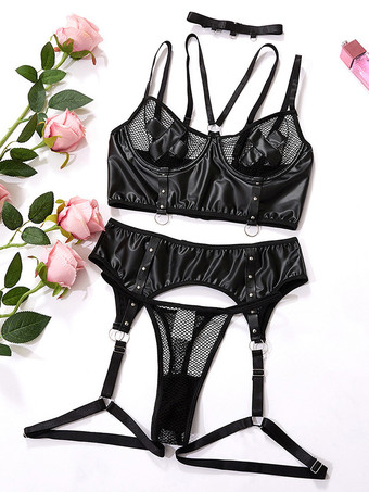 シックなランジェリー 3ピース ブラック ブラ パンティ ガーター セット