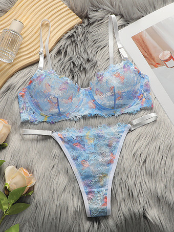 花柄プリントランジェリー シックなライトスカイブルーTバック2ピースブラTバックセット