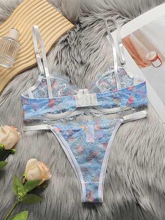 花柄プリントランジェリー シックなライトスカイブルーTバック2ピースブラTバックセット