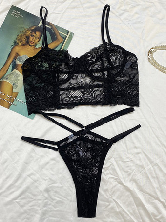 シックなランジェリー 2ピース 花柄刺繍 ブラック ブラ パンティ セット
