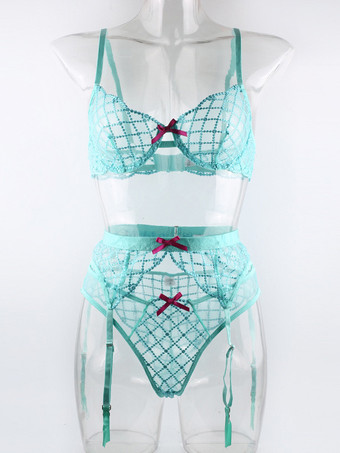 チェック柄ランジェリー シック シアンブルー 3ピース ブラ パンティ ガーター セット