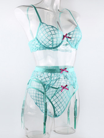 チェック柄ランジェリー シック シアンブルー 3ピース ブラ パンティ ガーター セット