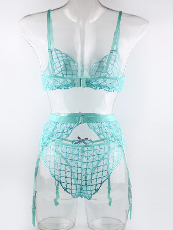 チェック柄ランジェリー シック シアンブルー 3ピース ブラ パンティ ガーター セット