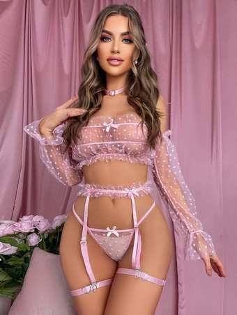 RoseEnsemble Lingerie En Dentelle 3 Pièces Soutien-Gorge Culotte Porte-Jarretelles