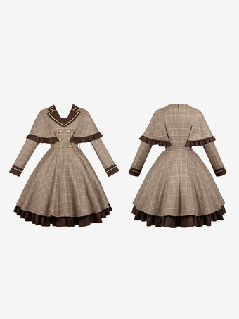 Abito Lolita Classico Poliestere Dettagli in Metallo Abiti Lolita Maniche Lunghe Plaid Classico Marrone Chiaro