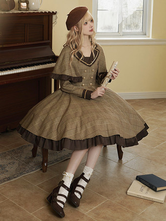 Abito Lolita Classico Poliestere Dettagli in Metallo Abiti Lolita Maniche Lunghe Plaid Classico Marrone Chiaro