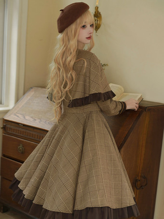 Abito Lolita Classico Poliestere Dettagli in Metallo Abiti Lolita Maniche Lunghe Plaid Classico Marrone Chiaro