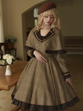 Abito Lolita Classico Poliestere Dettagli in Metallo Abiti Lolita Maniche Lunghe Plaid Classico Marrone Chiaro