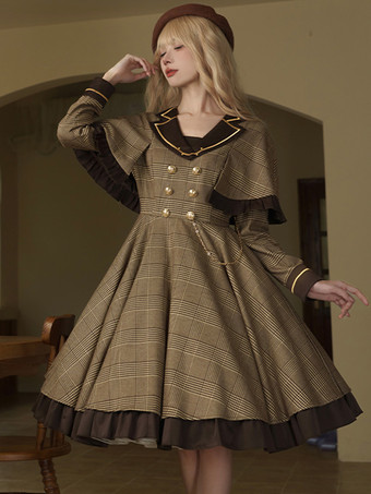 Abito Lolita Classico Poliestere Dettagli in Metallo Abiti Lolita Maniche Lunghe Plaid Classico Marrone Chiaro