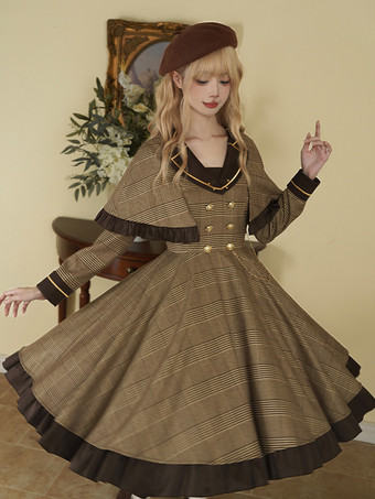 Abito Lolita Classico Poliestere Dettagli in Metallo Abiti Lolita Maniche Lunghe Plaid Classico Marrone Chiaro