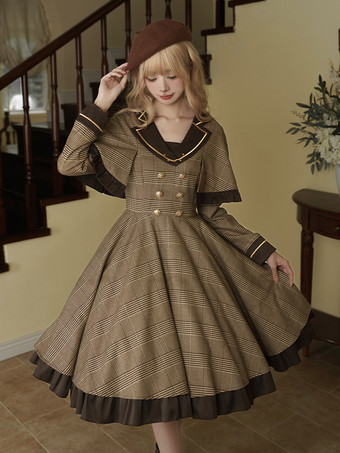 Abito Lolita Classico Poliestere Dettagli in Metallo Abiti Lolita Maniche Lunghe Plaid Classico Marrone Chiaro