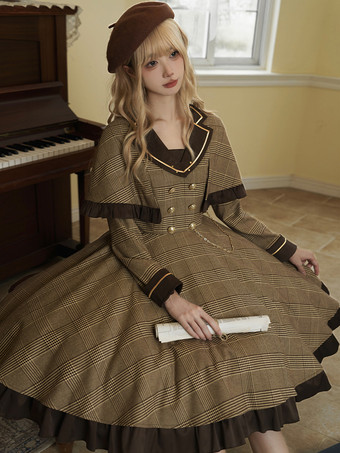 Marrone chiaro Abito Lolita Classico Poliestere Dettagli in Metallo Abiti Lolita Maniche Lunghe Plaid Classico Marrone Chiaro