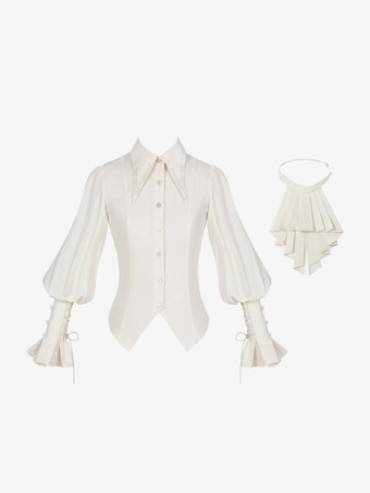 ゴシックロリータブラウスエクリュホワイト長袖リボンフリルロリータトップロリータシャツ