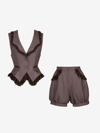 ゴシックロリータ衣装 ディープブラウンストライプ フリル ノースリーブパンツ ウエストコート