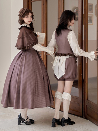 ゴシックロリータ衣装 ディープブラウンストライプ フリル ノースリーブパンツ ウエストコート