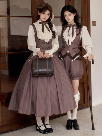 ゴシックロリータ衣装 ディープブラウンストライプ フリル ノースリーブパンツ ウエストコート