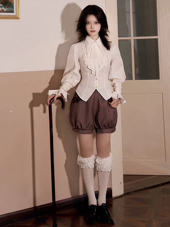 ゴシックロリータ衣装 ディープブラウンストライプ フリル ノースリーブパンツ ウエストコート