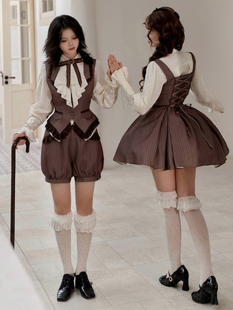 ゴシックロリータ衣装 ディープブラウンストライプ フリル ノースリーブパンツ ウエストコート