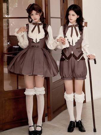 ゴシックロリータ衣装 ディープブラウンストライプ フリル ノースリーブパンツ ウエストコート