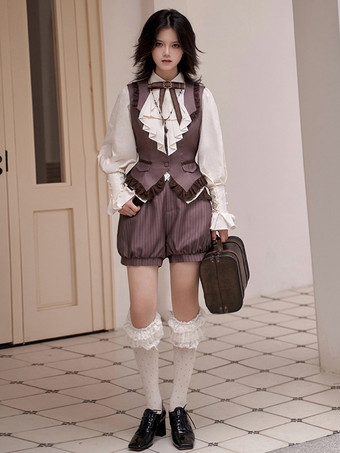 ディープブラウンゴシックロリータ衣装 ディープブラウンストライプ フリル ノースリーブパンツ ウエストコート