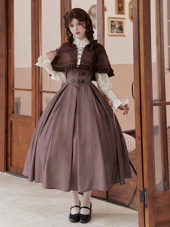 Classical Lolita Dress Polyester Sleeveless Lolita Dresses Stripes Classic Deep Brown