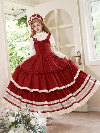 レッド スイートロリータドレス ポリエステル ノースリーブ スイートジャンパー ロリータドレス