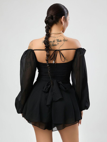 ブラック バトーネック 長袖 プリーツ レイヤード シフォン サマー プレイスーツ