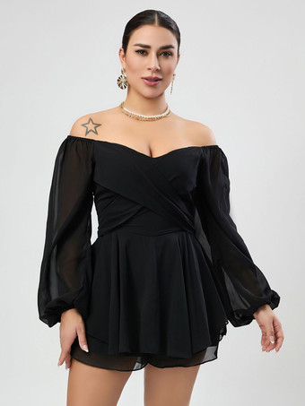 ブラック ブラック バトーネック 長袖 プリーツ レイヤード シフォン サマー プレイスーツ