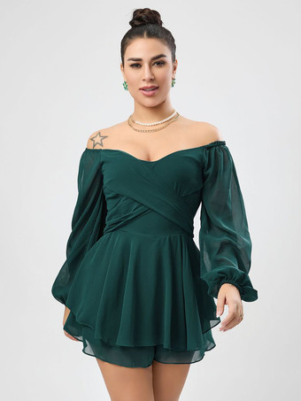 ブラック バトーネック 長袖 プリーツ レイヤード シフォン サマー プレイスーツ