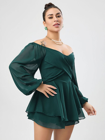 ブラック バトーネック 長袖 プリーツ レイヤード シフォン サマー プレイスーツ