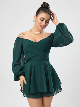 ブラック バトーネック 長袖 プリーツ レイヤード シフォン サマー プレイスーツ