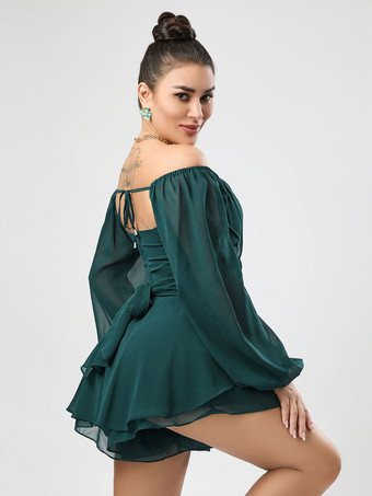 ブラック バトーネック 長袖 プリーツ レイヤード シフォン サマー プレイスーツ