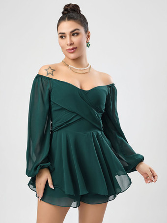 ダークグリーンブラック バトーネック 長袖 プリーツ レイヤード シフォン サマー プレイスーツ