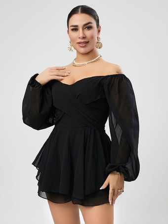 ブラック バトーネック 長袖 プリーツ レイヤード シフォン サマー プレイスーツ