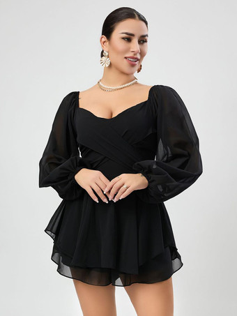 ブラック バトーネック 長袖 プリーツ レイヤード シフォン サマー プレイスーツ